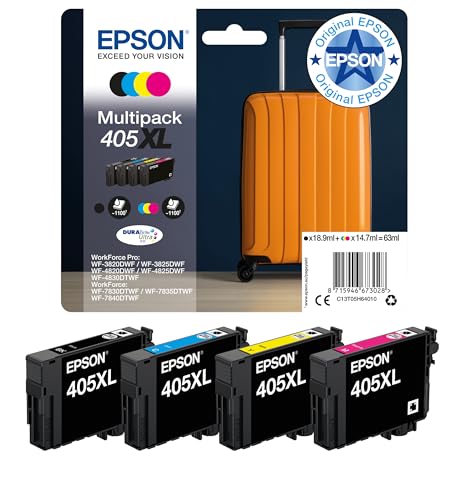Epson Orginal 405XL Tinte Koffer Multipack 4-farbig XL WF-3820DWF WF-3825DWF WF-4820DWF WF-4825DWF WF-4830DTWF WF-7830DTWF WF-7835DTWF WF-7840DTWF DURABrite Ultra Ink, ReadyPrint Flex-Tintentarife