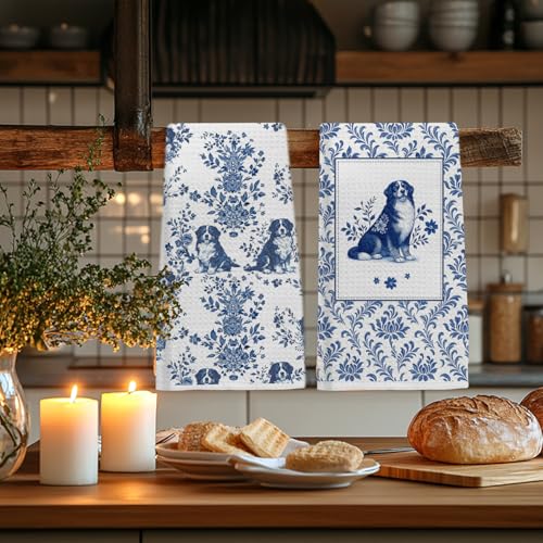 Image of Chinoiserie Bernese Mountain Dog Kitchen & Hand Towels Set of 2, Blue and White Floral Dog Dish & Tea Towels for Kitchen Bathroom Decor, Vintage Toile Dog Lover Gifts for Women 16x24 Inch