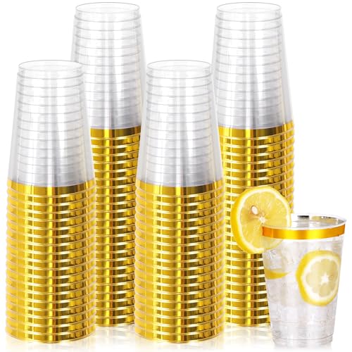 Image of 100 Pcs Gold Plastic Cups,12oz Gold Rimmed Plastic Cups,Heavy Duty Disposable Plastiic Wine Glasses Cocktail Glasses Premium Cup with Gold Rim for Party,Wedding,Christmas