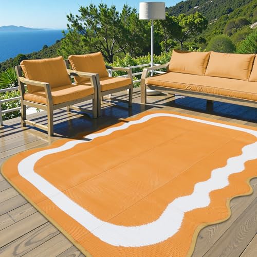 Uphome Outdoor Rug Waterproof 6x9, Reversible Orange Scalloped Patio Plastic Straw Rugs, Foldable Modern RV Camping Outside Carpet Mat for Pool Back Yard Deck Picnic, 6 x 9 ft - Image 6