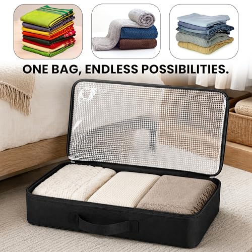 Image of Storite Foldable Underbed Storage Bag for Clothes, Blankets & Comforters | | Breathable Fabric Organizer with Zipper, Transparent & Handles | Space Saving Storage Box (54x28x12 cm)