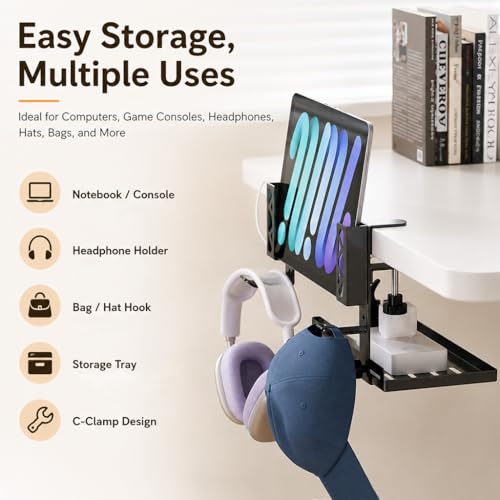 Image of Under Desk Cable Management Tray with 3-in-1 Adjustable Laptop Mount and Headphone Hanger, No-Drill Desk Organizer for Dell HP Lenovo Laptops, Wiring Storage for Home Office Study Spaces