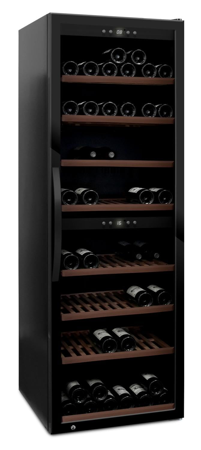 mQuvée Freistehender Weinkühlschrank - WineExpert 180 Fullglass Black, 2 Temperaturzonen, Kapazität 180 Flaschen, Buchenholzregale auf Schienen, UV-geschützte Glastür, zwei Zonen 5-20°C
