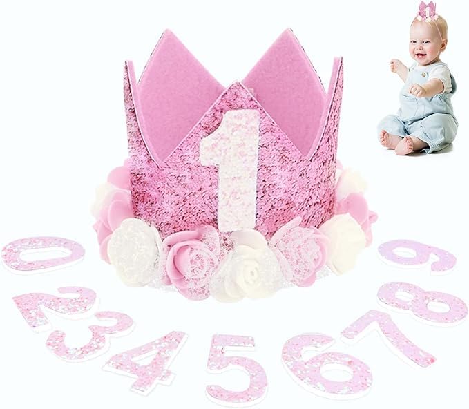 Girls Birthday Crown Hat with 0-9 Number,Pink Glitter Reusable Party Tiara