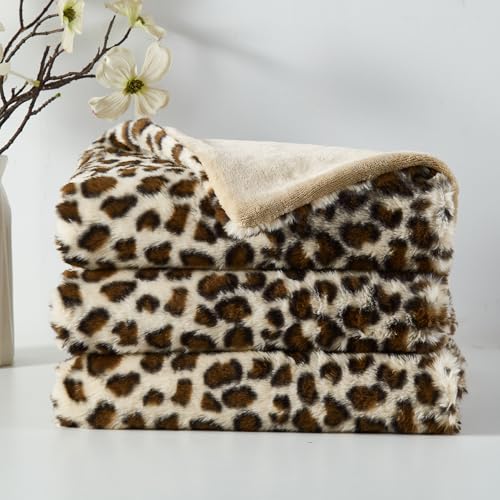 DREAMNINE Tierprint Kaninchenpelz-Imitat Decke,130 x 150 cm,Brauner Leopard – Ansicht 1