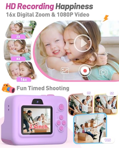 Image of Yehtta Kids Instant Print Camera,Dual-Lens Selfie Camera for Kids, Purple | Christmas Birthday Gifts Toys for 3-12 Year Old Girls, 2.4in Screen 1080P Kid Digital Camera,Portable Toys for 3-12