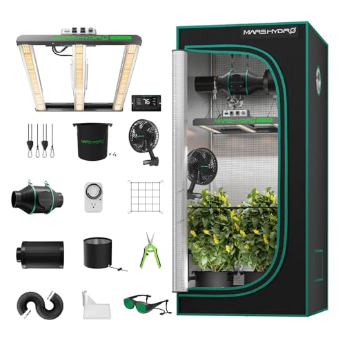 MARS HYDRO 3x3 Smart Grow Tent Kit Complete System with Temperature Humidity Controller,150W FC1500 App Dimming Grow Light,1680D High Reflective Mylar,with 4inch Automatic Ventilation System