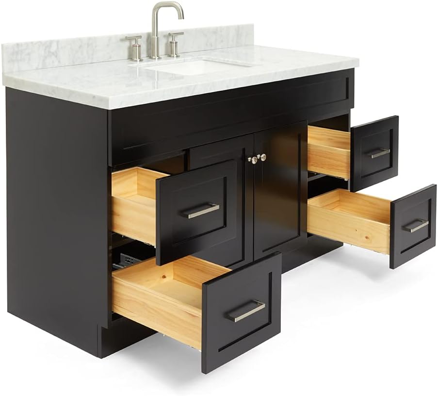 DKB Bradford 54" Black Single Bathroom Vanity with Sink, 1.5" Italian Carrara Marble Countertop, Rectangular Undermount Sink, 2 Soft Closing Doors, 4 Dovetail Drawers