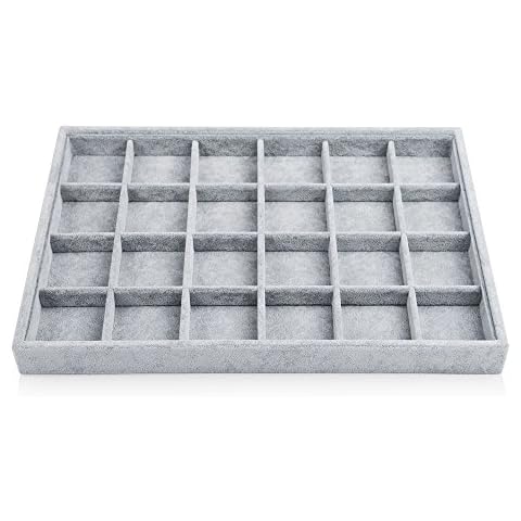 Oirlv 24 Grid Ice Velvet Jewelry Drawer Organizer Tray Stackable Jewelry Trays Removable Dividers for Rings Earring Storage Display Cover