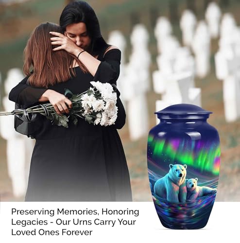 Image of Northern Lights Polar Bear Urn for Adult Ashes Male & Female - Large Memorial Urns for Human Ashes - Elegant Aurora Borealis Themed Burial Urns - Decorative Urn (Large 10 inch)