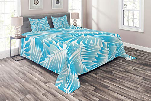Ambesonne Leaf Coverlet, Miami Tropical Aquatic Palm Leaves with Exotic Colors Modern Summer Beach, 3 Piece Decorative Quilted Bedspread Set with 2 Pillow Shams, King Size, Turquoise Aqua Blue