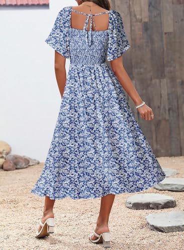 Image of Dokotoo Womens Dresses 2025 Square Neck Tie Backless Summer Dresses Cap Sleeve Floral Buttoned Empire Waist Maxi Dress