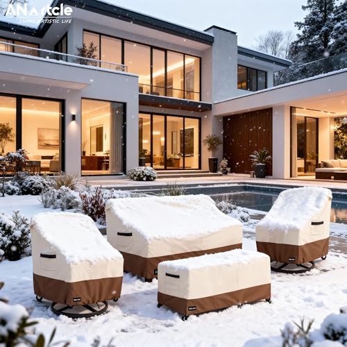 Image of ANartcle Patio Furniture Covers 4 Piece Set, 600D Waterproof Heavy Duty Outdoor Furniture Covers,Fit Wicker Patio Loveseat, Swivel Rocker Chair and Coffee Table,Beige&brown