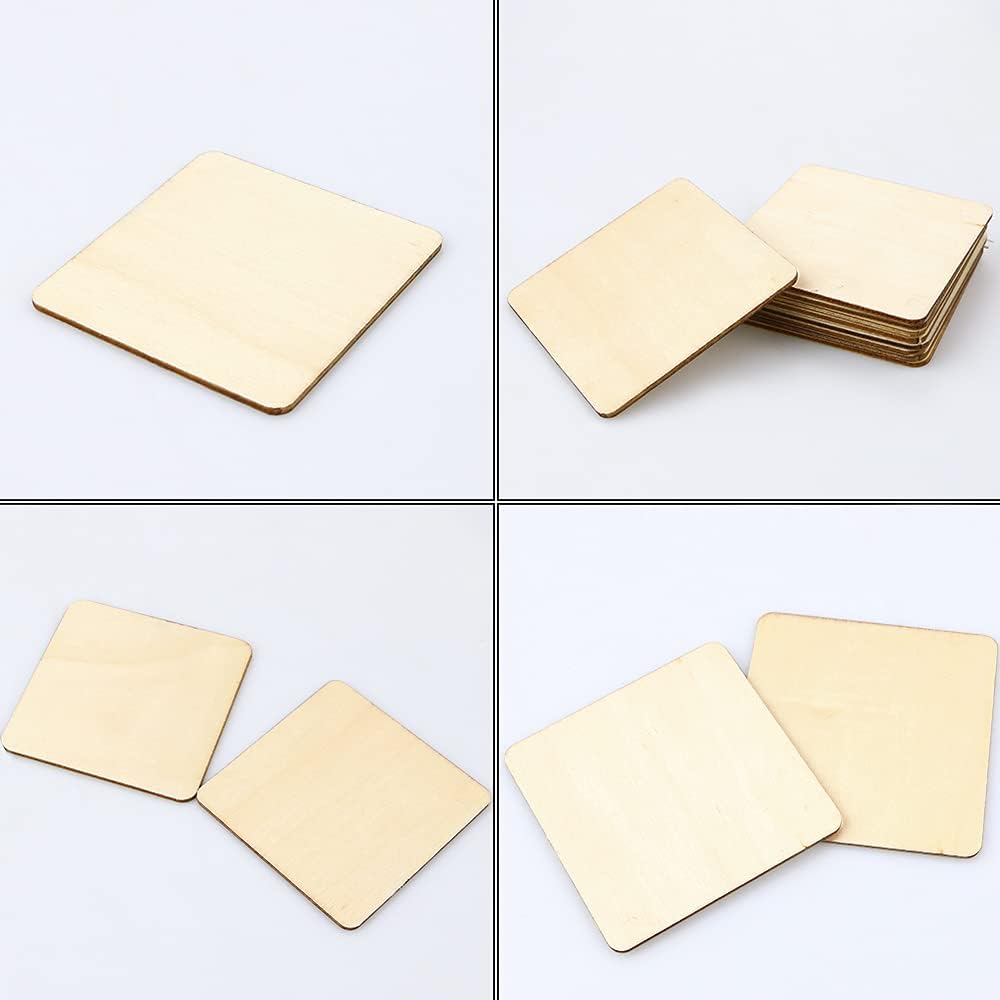 TKOnline 100Pcs Unfinished Wood Pieces, 3 x 3 Inch Blank Natural Wood Square Wooden Slices Wooden Board for DIY Crafts, Painting, Coasters, Scrabble Tiles, Decoration