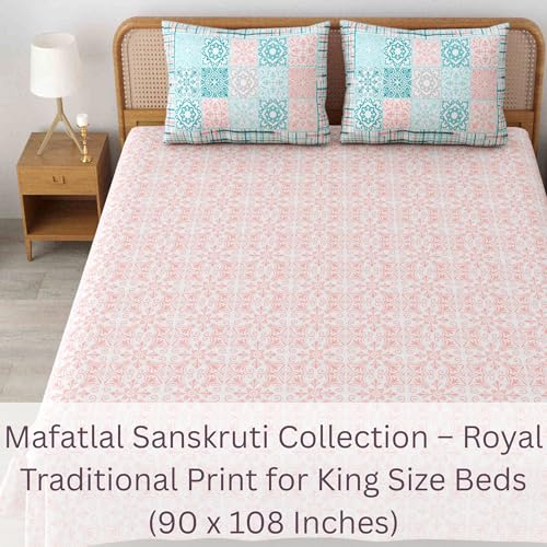 Image of Mafatlal 144 TC Sanskriti Cotton King Bedsheet | 90 x 108 Inches | Traditional Design | Smooth, Long-Lasting & Soft | 2 Pillow Covers | Gossamer Pink