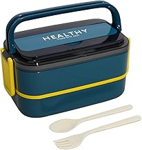 KitchEase Japanese Style Bento Lunch Box | 2 Layer, 3 Compartments | Airtight Stainless Steel Containers | Microwave & Dishwasher Safe | Includes Spoon & Forks - (1400 ML, Castleton Green)