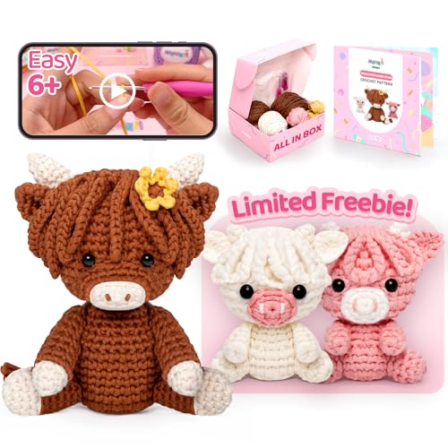 Image of Mewaii Beginner Crochet Kit with 40% Extra Yarn, Pre-Started Yarn & Video Tutorials - 3 Highland Cows Craft Set for Adults & Kids | 40% Extra Yarn, Video Tutorial, Pre-Started Piece, Beginner Friendly, Family Craft Gift for Adults & Kids