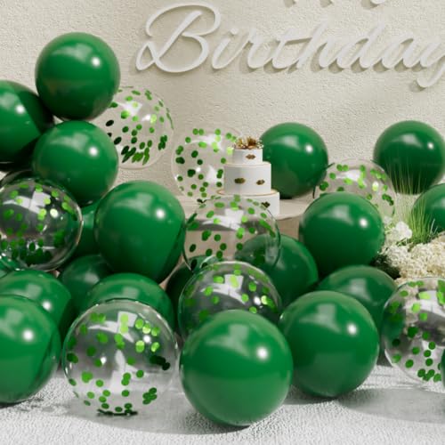 Image of SUWEN 47PCS Dark Green Latex and Confetti Hunter Emerald Forest Balloon Set | Hunter Emerald Forest Green Helium Matte Balloon for Birthday Anniversary Christmas Jungle Safari Party Decorations