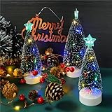 Bottle Brush Christmas Trees, Set of 3 with Colorful LED Lights, No Cords, Mini Christmas Trees Tabletop Decor, Green Frosted Sisal Trees