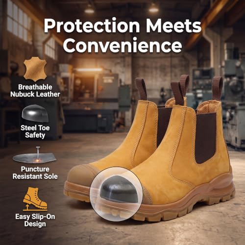 Image of BPKW Men's Steel Toe Work Boots Slip On Nubuck Leather Safety Boots Scuff Cap