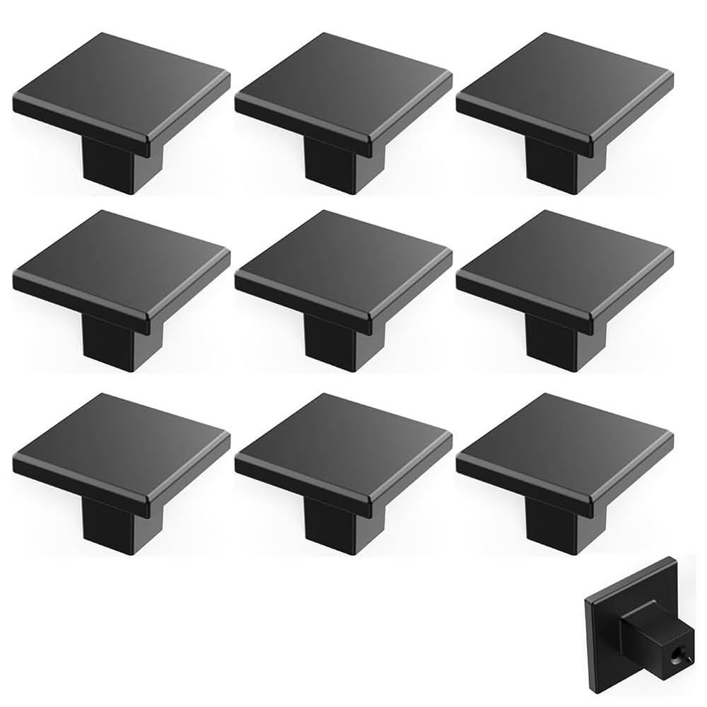 X spring Pull Handle Door Knob, 10 Pcs 32mm Matte Black Quality Drawer and Dresser Knob, Kitchen Cabinet Knobs of Square, Handle Pulls for Cabinet Doors, Bathroom Drawers