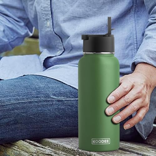 Image of Koodee 32 oz Water Bottle with Wide Handle Straw Lid, Vacuum Insulated 18 /8 Stainless Steel Wide Mouth Flask (Grass Green)