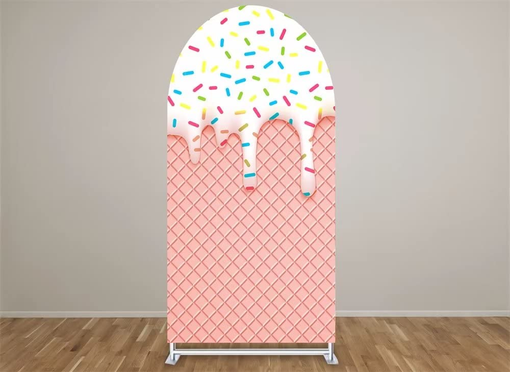 Sweet Candy Arch Backdrop Cover for Girl Donut Themed Birthday Party Decorations Chiara Backdrops Arched Wall Covers Stands Display Props Flowing Glaze Ice Cream Waffle Cone Banner GX74 2.5ft * 6ft