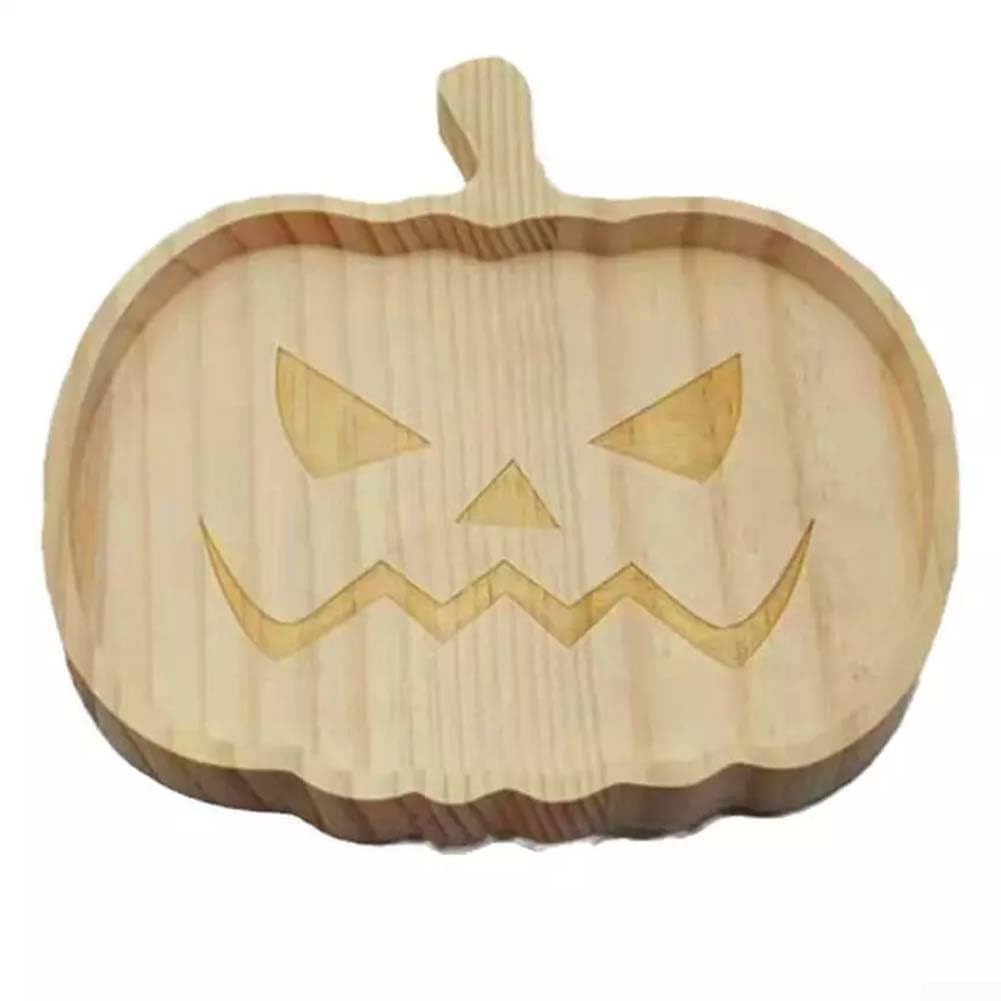 Feegow 1 Pack Halloween Pumpkin Plate Tray Wooden Halloween Decoration Party Theme Wooden Tray