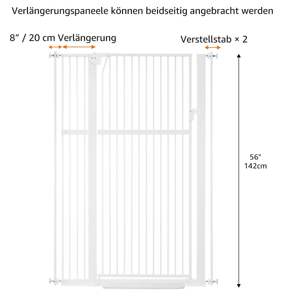 unipaws 142 cm hohes Türschutzgitter ohne Bohren – Druckmontiertes Hundegitter & Türgitter für Katzen, Treppengitter für Türrahmen und Innenbereiche, 95–105 cm breit, Weiß