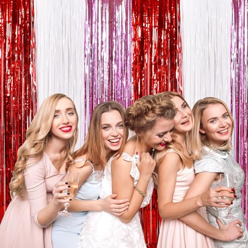 Image of TONIFUL Valentine's Day Door Streamers,Red Pink and White Photo Booth Backdrop Metallic Streamers Foil Fringe Curtain for Birthday Valentine's Day Bridal Shower Engagement Party Decoration