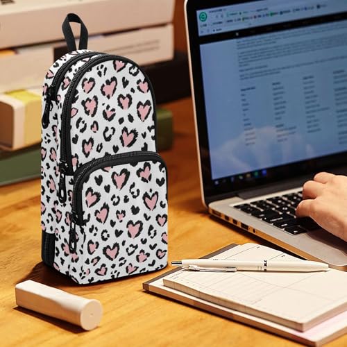 Image of Leopard Print Pink Heart Pencil Case Big Capacity Pen Bag with Compartment Students Schoolbag Shape Stationery Organizer Pencil Pouch Marker Case for School Office Work