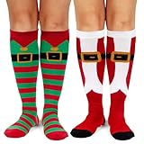 Lavley Knee High Christmas Socks For Adults - Cute Holiday Party Outfit Accessories for Women and Men - Santa Suit & Elf (2 Pack)