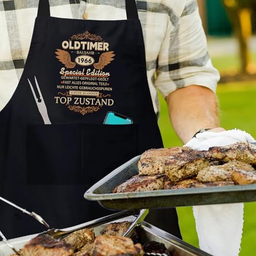 Grillschürze 60 Geburtstag Mann, Küchenschürze als Geschenk zum 60. Geburtstag, Schwarz Kochschürze Wasserdicht mit Spruch: Oldtimer 1966 in Topzustand, Geburtstagsgeschenke für Männer Vater Ehemann