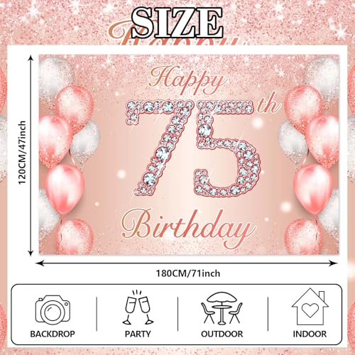 Image of Happy 75th Birthday Rose Gold Banner Cheers to 75 Years Old Backdrop Confetti Balloons Theme Decor for Women 75 Years Old Pink Birthday Party Decorations Bday Supplies Background Favors Gift Glitter