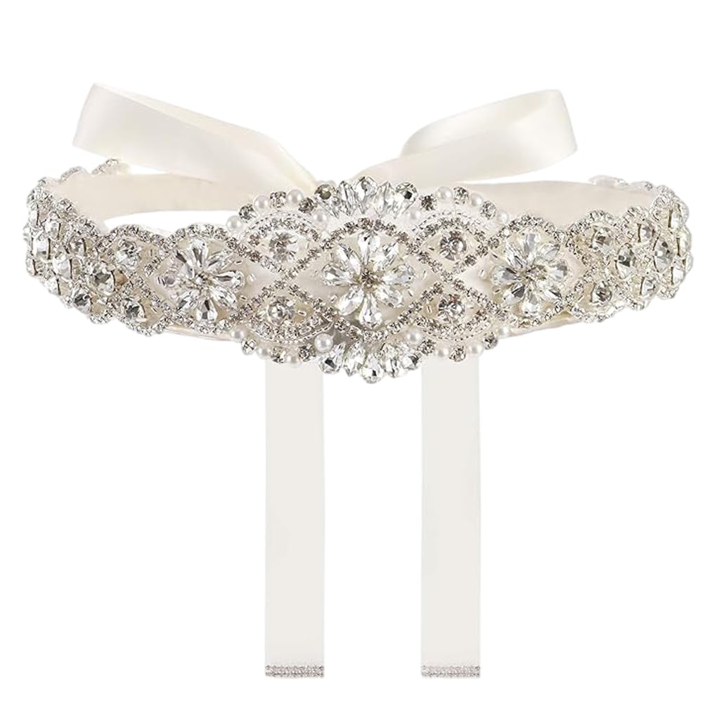 LEEMASING Rhinestone Wedding Belt Handmade Bridal Belt Sash With Ribbon Sashes For Bridesmaid Sash Women Dress Accessories (Silver)