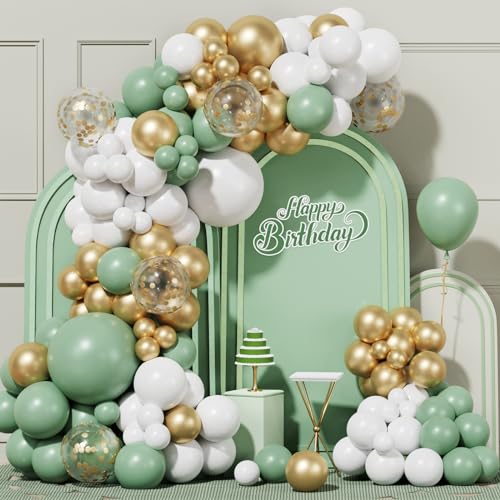 Kit Arco Globos Verdes Blancos y Dorados, 100pcs Guirnalda