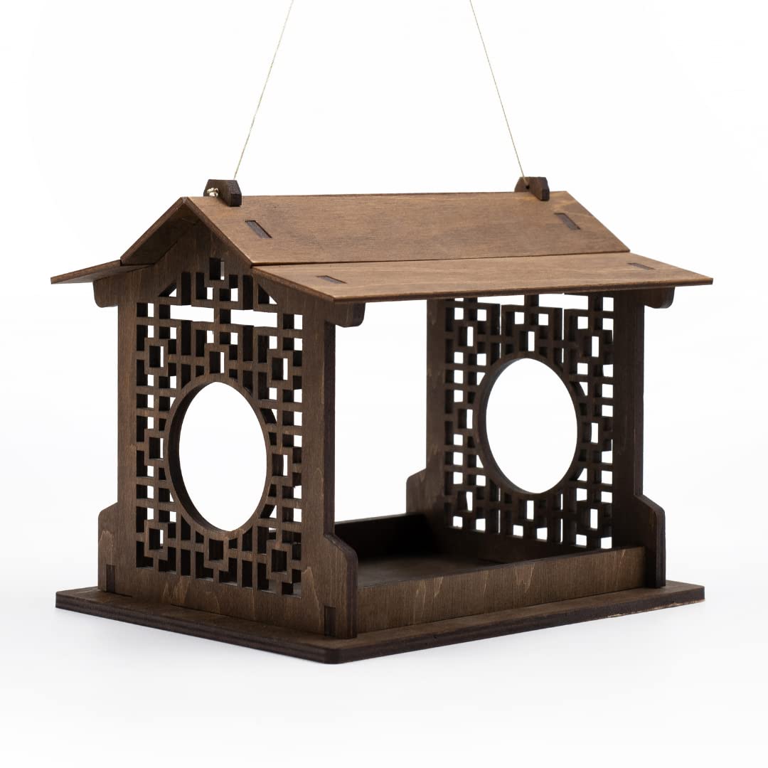 Hanging Bird Feeder Outdoor Wooden Bird House, Decorative Garden Bird Feeder with Japanese Temple Design, DIY Assembly Kit for Backyard Balcony, Gift for Bird Lovers