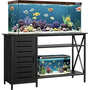 GUNJI 55-75 Gallon Aquarium Stand, Fish Tank Stand with Cabinets and Shelves, Aquarium Tank with Power Outlets, Heavy Duty Metal Turtle Tank 52 inch x 19.68 inch Desktop for 1200LBS Capacity (Black)