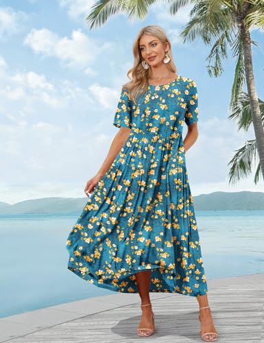 Image of YESNO Women Casual Loose Bohemian Floral Dress with Pockets Short Sleeve Long Maxi Summer Beach Swing Dress EJF