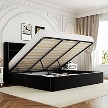 Allewie King Size Velvet Lift Up Storage Bed, Modern Wingback Headboard, Hydraulic Support, No Box Spring Needed, Black
