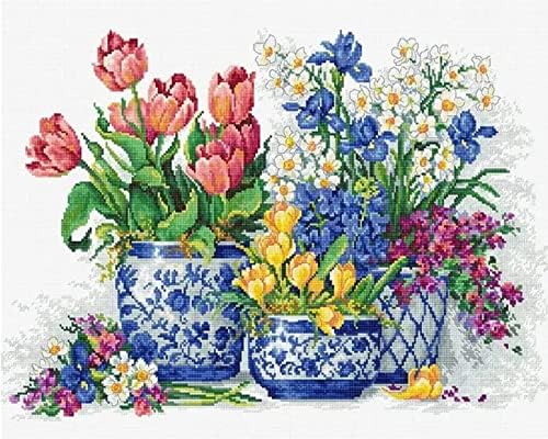 Fundolami Stamped Cross Stitch Kits,Flowerpot, for Adults Beginners,Full Range of Counted Cross Stitch Kits Needlecrafts for Home Wall Decor Cross Stitch Patterns 16x20inch