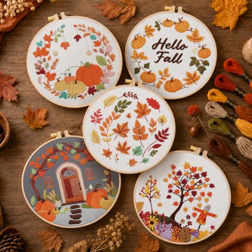 Image of 5 Sets Fall Embroidery Kits for Beginners, Autumn Pumpkins and Maple Leaves Embroidery Starter Kit for Adults Thanksgiving Gifts with Stamped Pattern DIY Needlepoint Kit Cross Stitch Set with 2 Hoops