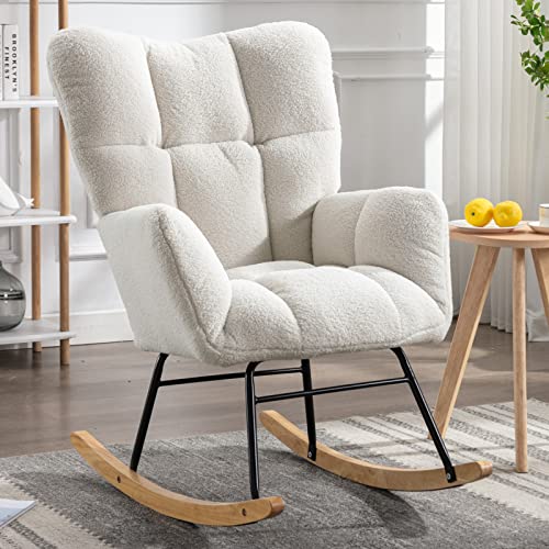 Image of KINFFICT Teddy Velvet Rocking Accent Chair, Uplostered Glider Rocker Armchair for Nursery, Comfy Side Chair for Living Room, Bedroom (Ivory+Teddy Fabric)