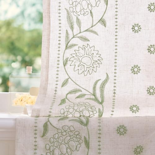 Image of jinchan Green Floral Linen Kitchen Tier Curtains 45 Inch Back Tab 2 Panels