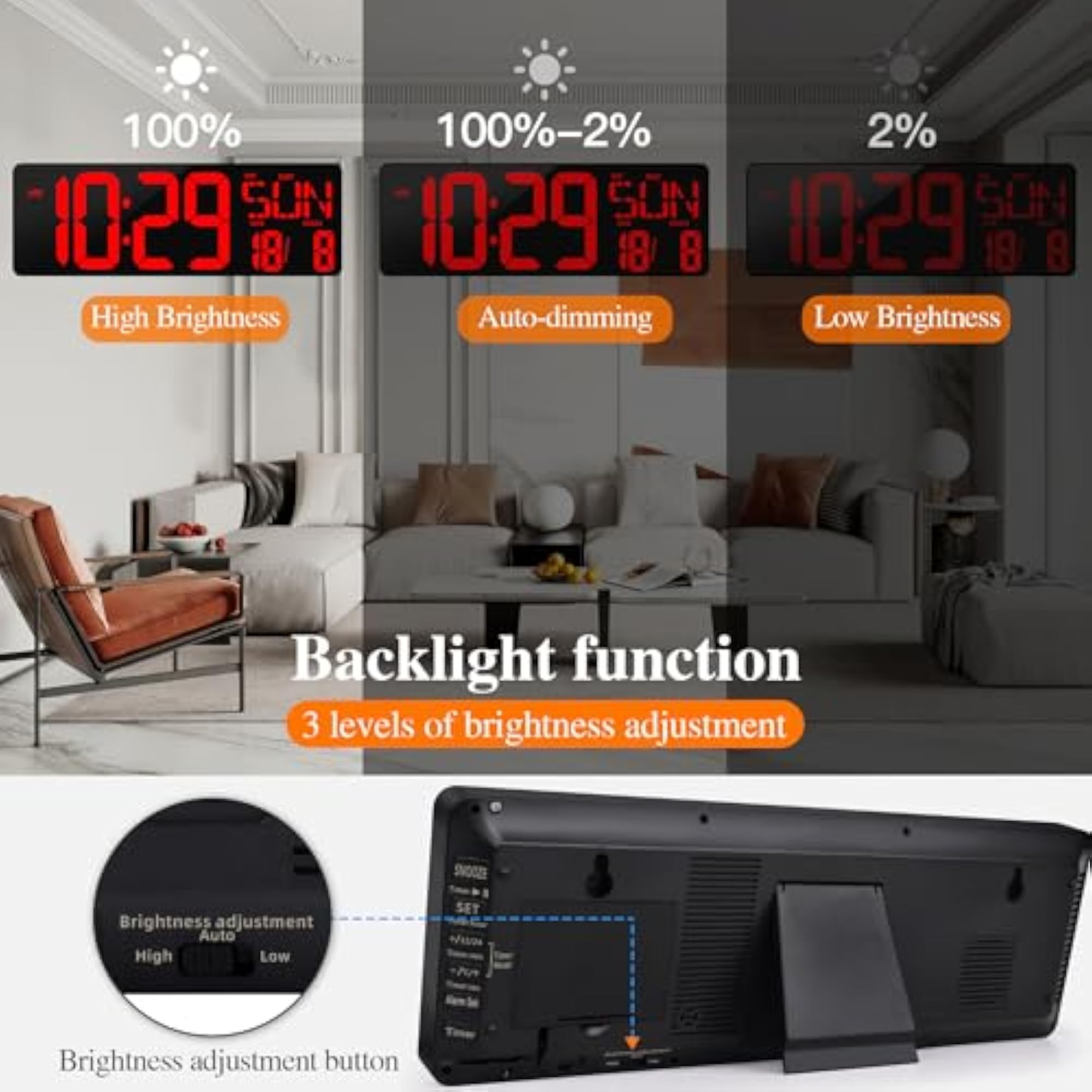 Large Digital Wall Clock with Remote Control, 17.2" LED Display