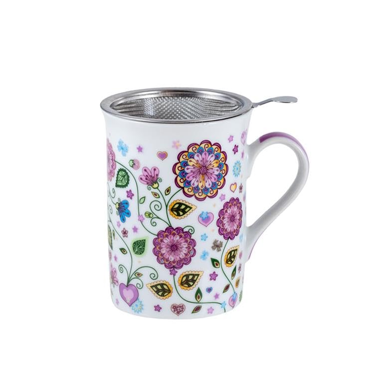 DRW Lot de 6 tasses à infusion avec filtre en acier inoxydable avec fleurs roses. Tasse : 8 x 8 x 10 cm