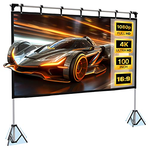 Projector Screen and Stand, HYZ 100 inch Rear Front Portable Projection Screen, 4K HD Foldable Outdoor Projector Screen with 160Â° Viewing Angle, Carry Bag for Home Theater, Office, Backyard, Camping