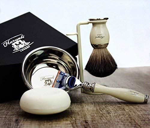 Haryali London 5 Pc Mens Shaving Kit 5 Edge Safety Razor With Black Badger Hair Shaving Brush, Stand, Soap and Bowl Perfect Set For Men