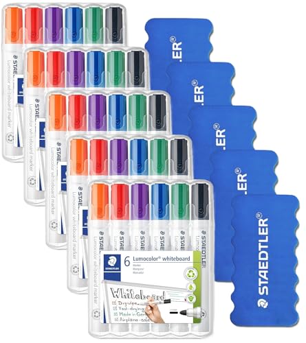 STAEDTLER Lumocolor 351 WP6 Whiteboard-Marker, Rundspitze ca. 2 mm Linienbreite, Set mit 6 Farben (5 Stück)
