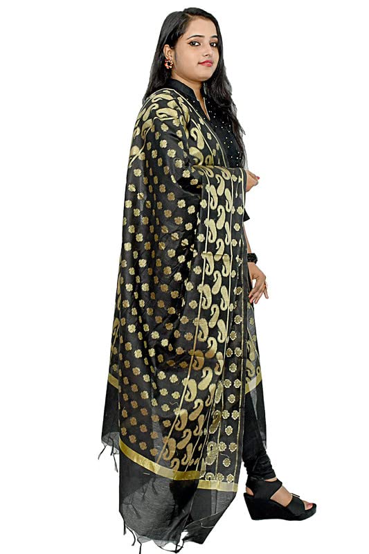 Women's Cotton Silk Zari Work Banarasi Dupatta indian shawls womens dress scarf black dupatta for women(017)2
